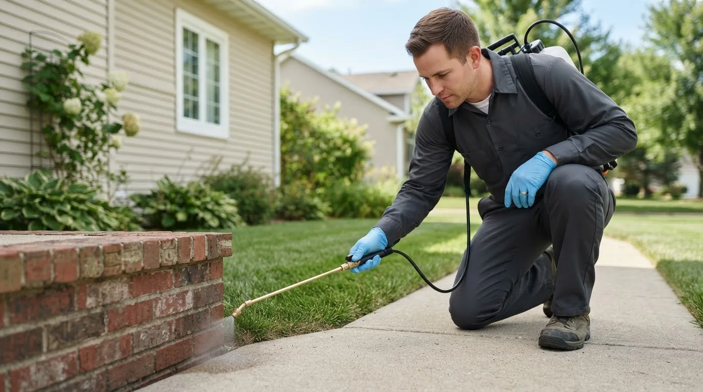 Pest control technician treating a home near Watertown, NY