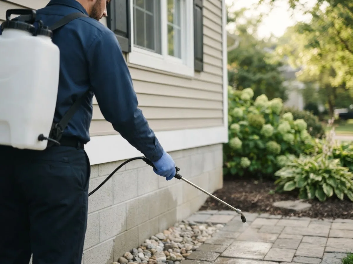 Pest control technician inspecting a home in Watertown, NY